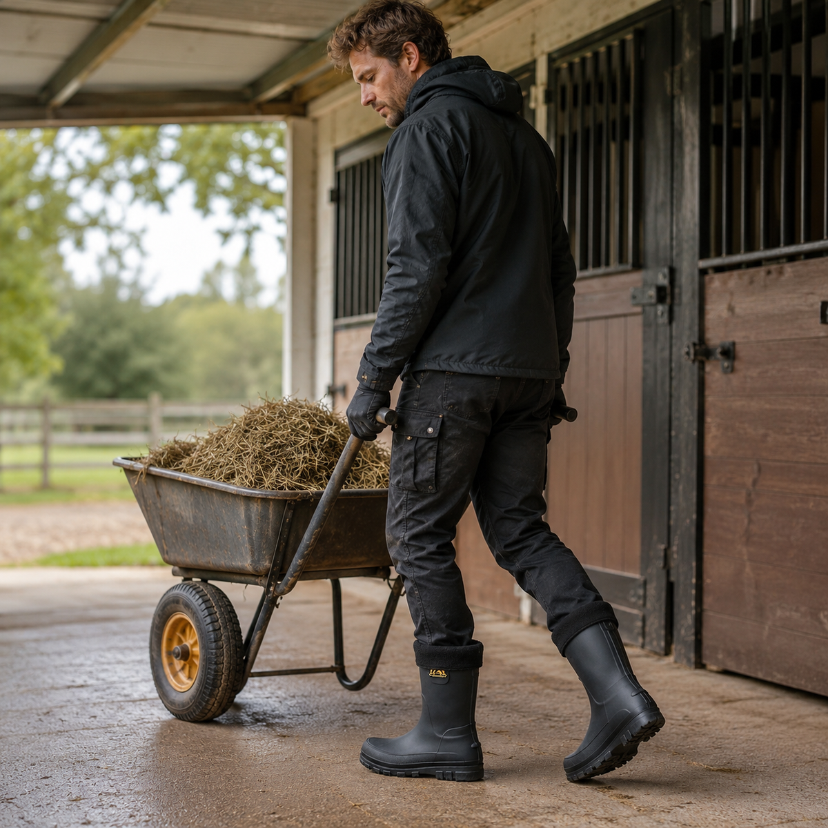 Gevoerde regenlaarzen bij stalwerk met kruiwagen