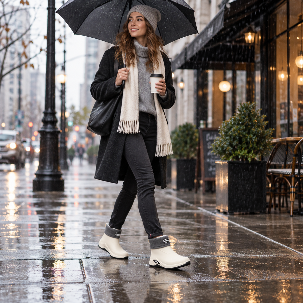 Korte regenlaarzen heren in beige gevoerd gedragen met winterjas