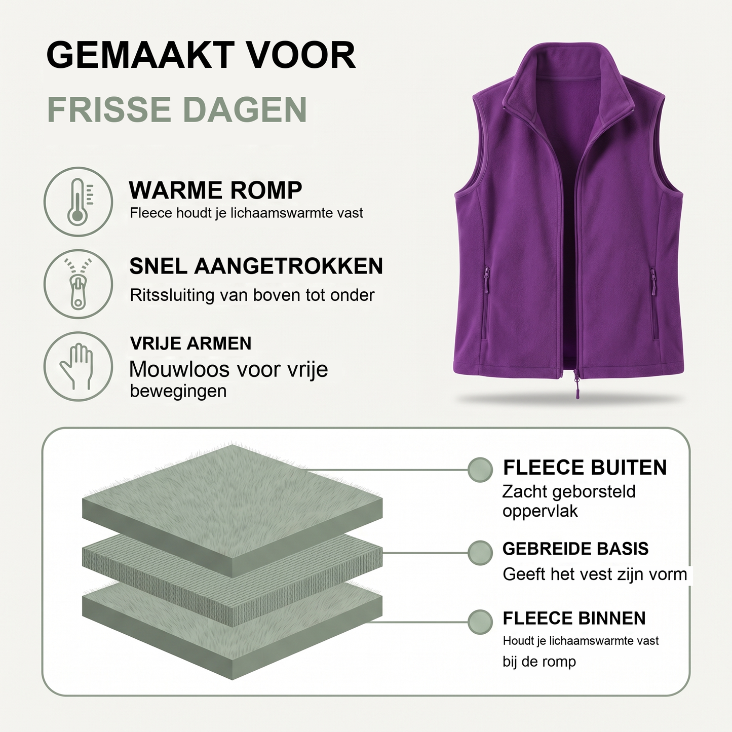 Fleecevest dames mouwloos met opstaande kraag