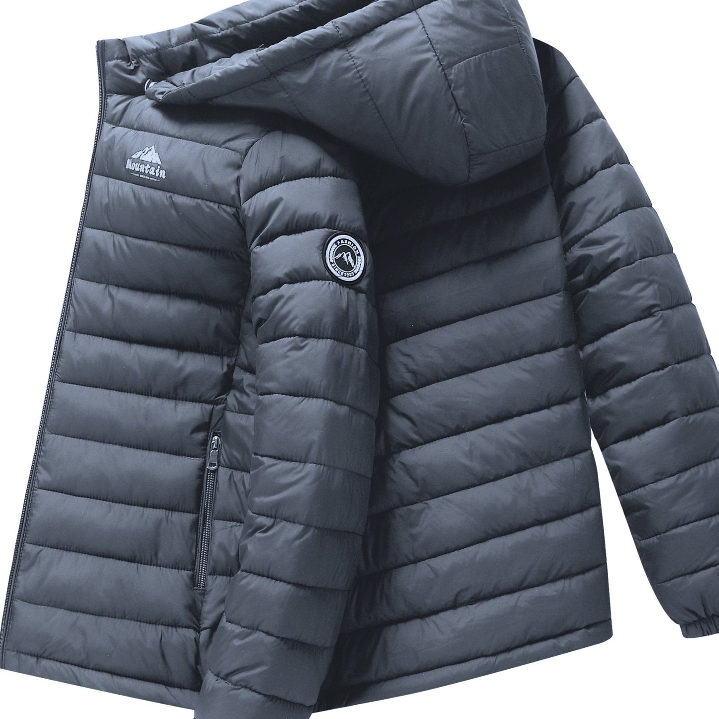 Heren winterjas met capuchon, gewatteerd in het zwart