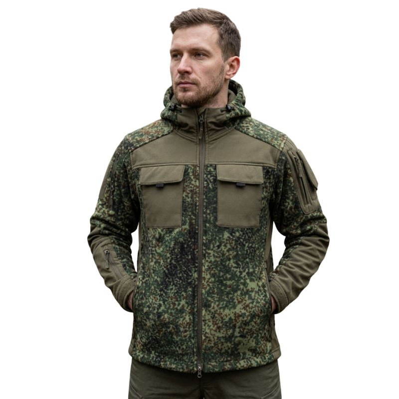 Heren fleecevest tactisch met capuchon in camouflage