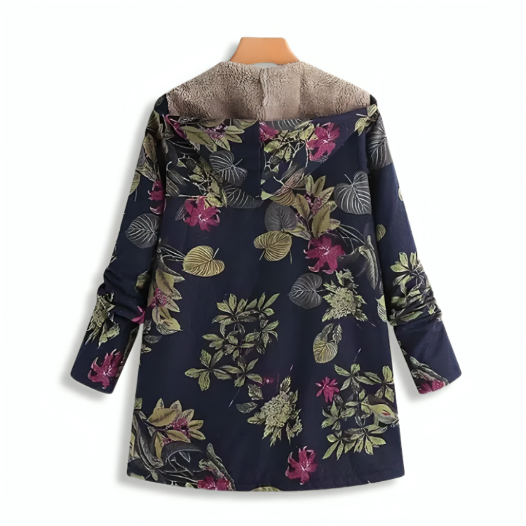 Lange winterjas dames met bloemenprint en capuchon