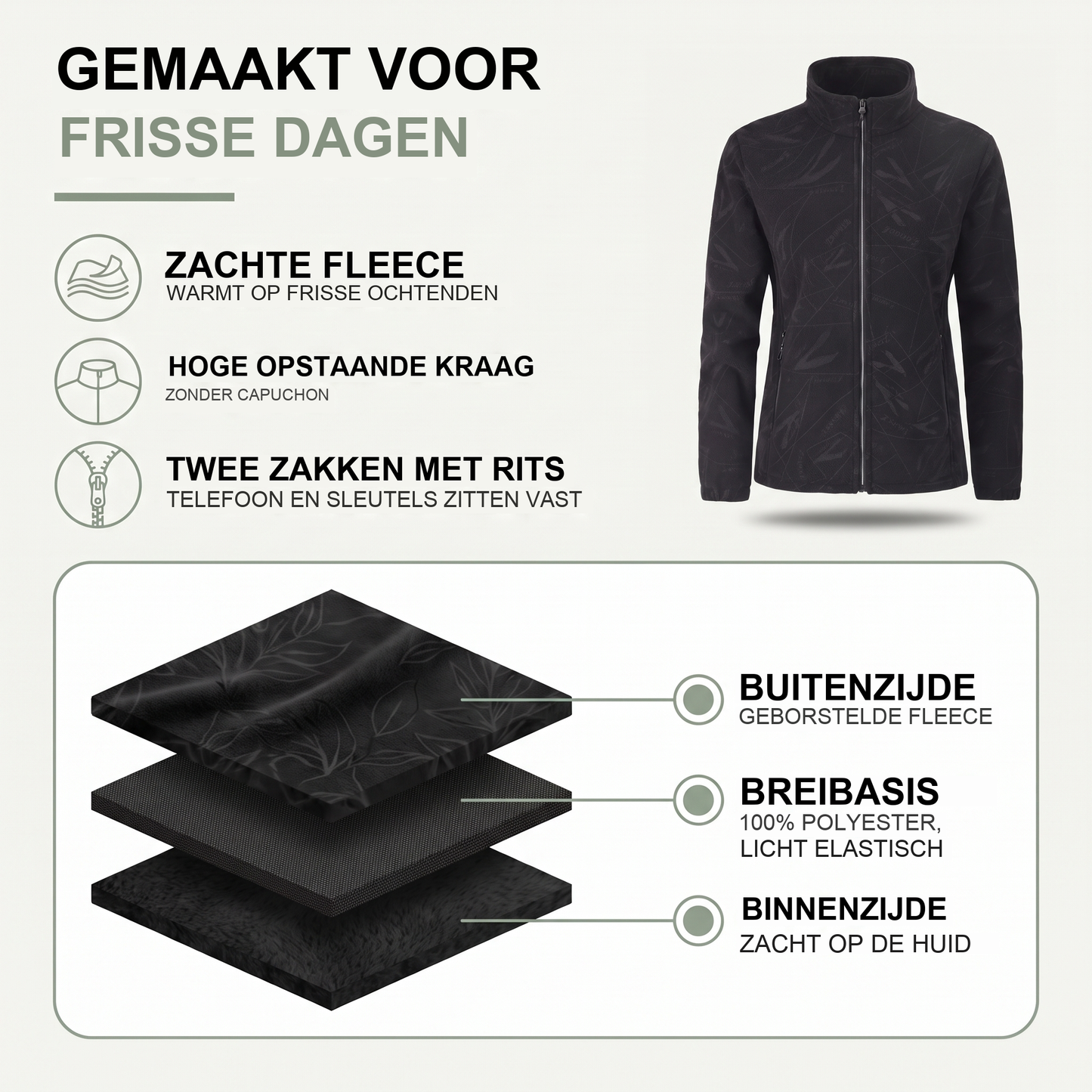 Tussenjas dames met opstaande kraag in fleece