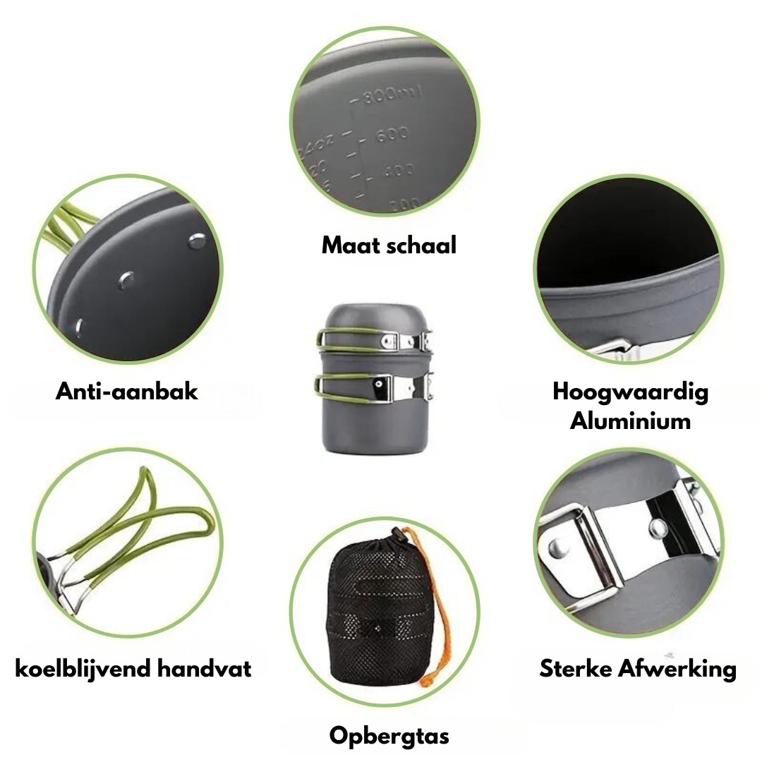 Compacte Camping Pannenset met Bestek - OutdoorHavenNL