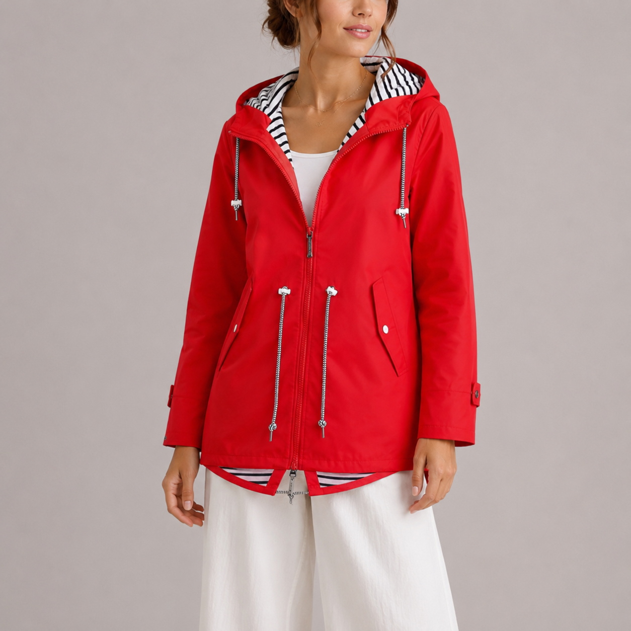 Regenjas voor dames met capuchon en gestreepte voering