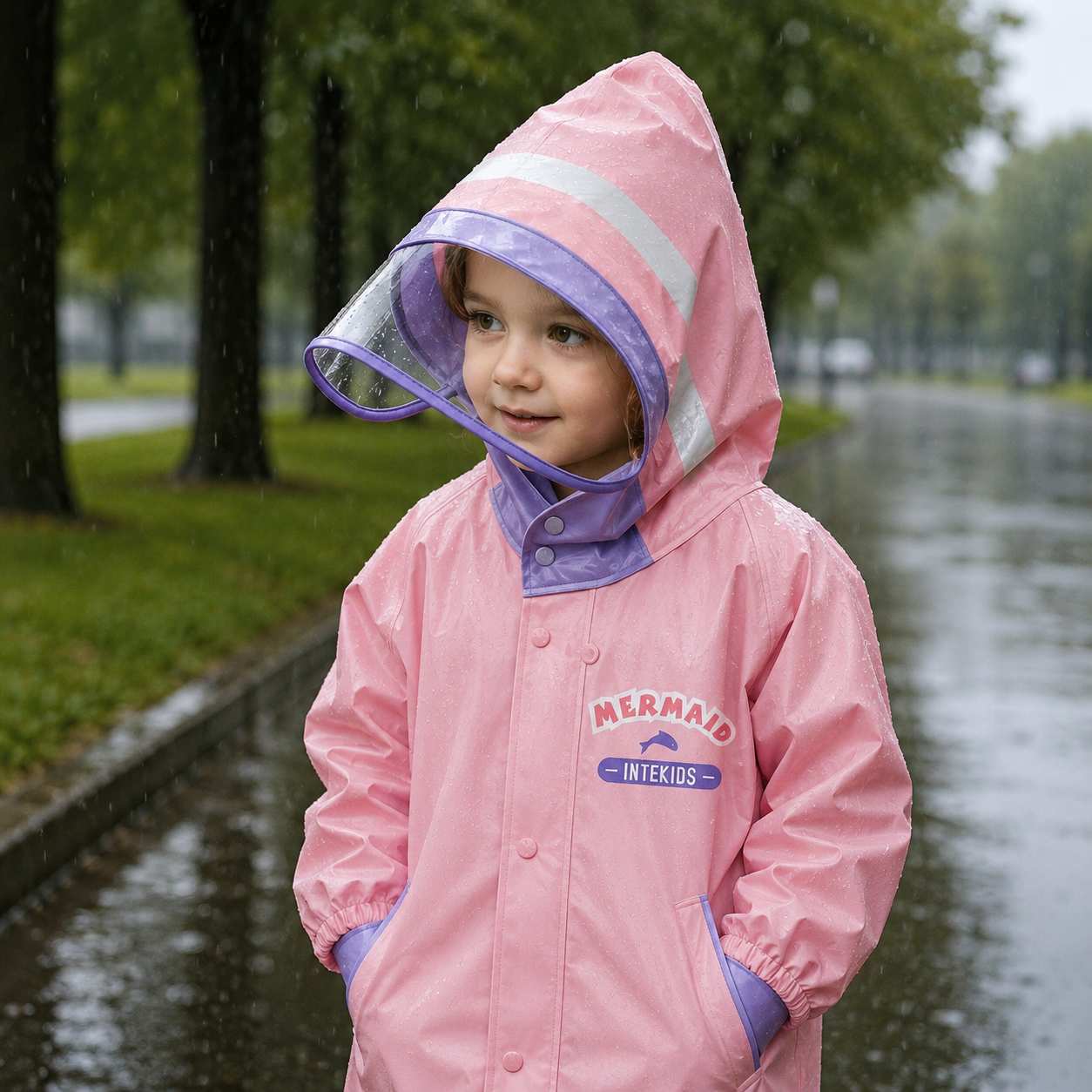 Regenjas Meisje - Roze met Print - Grote Kap met Schild