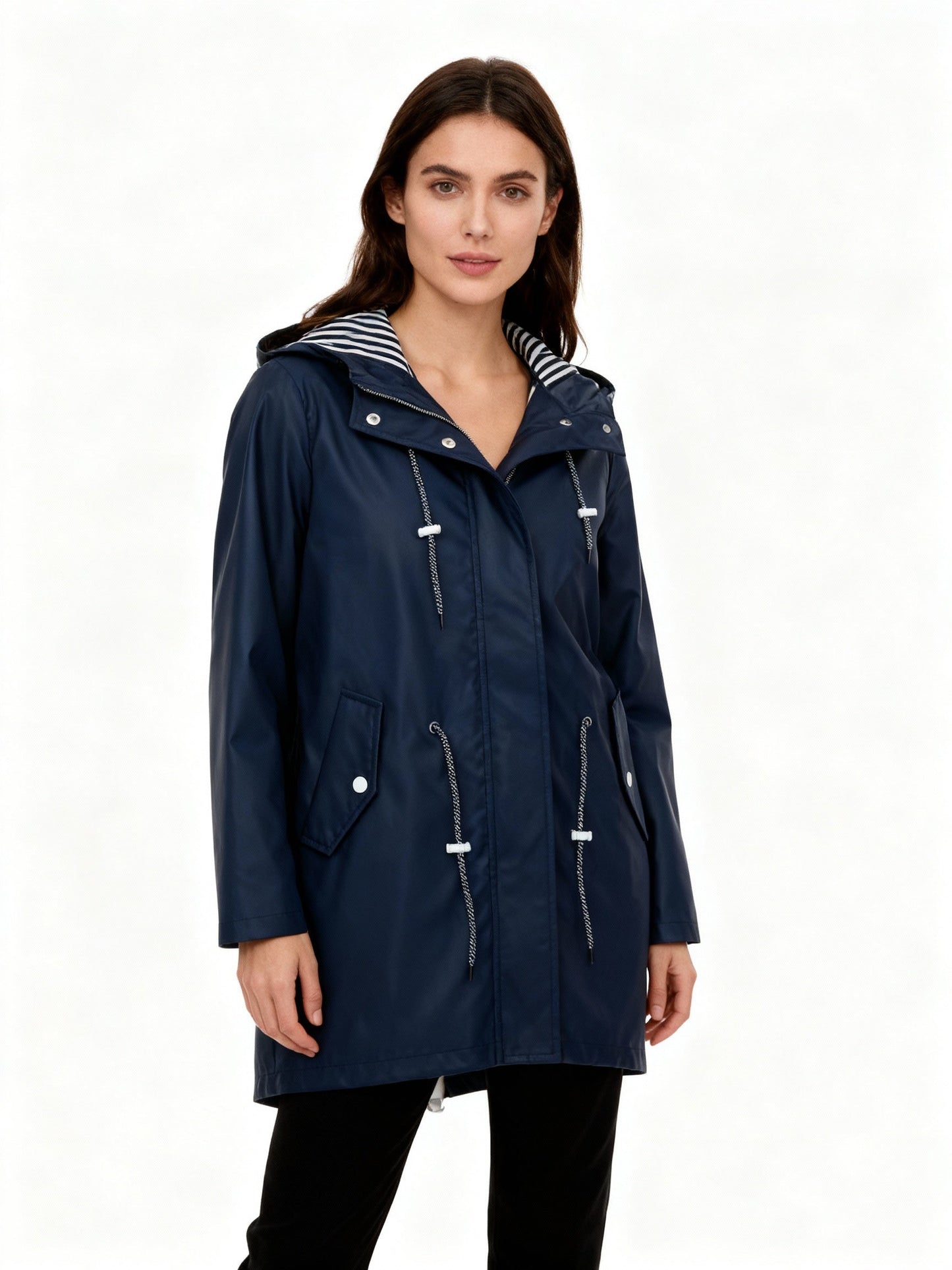 Regenjas dames lang met visstaartzoom en capuchon