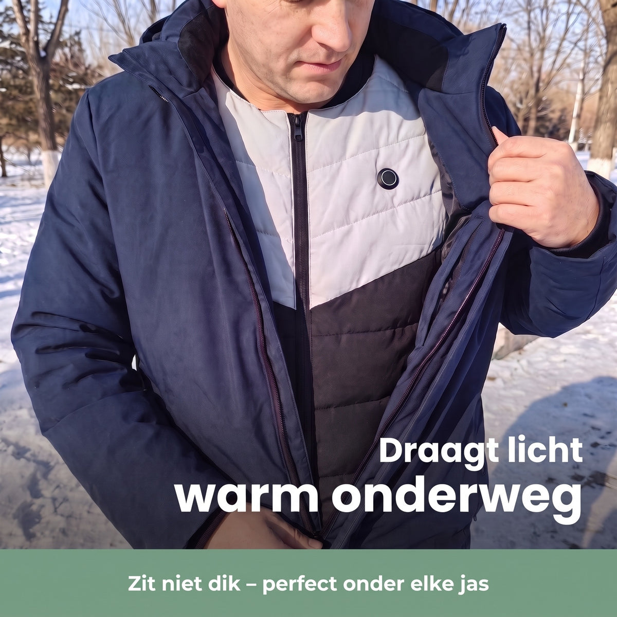 Verwarmde bodywarmer onder een winterjas gedragen