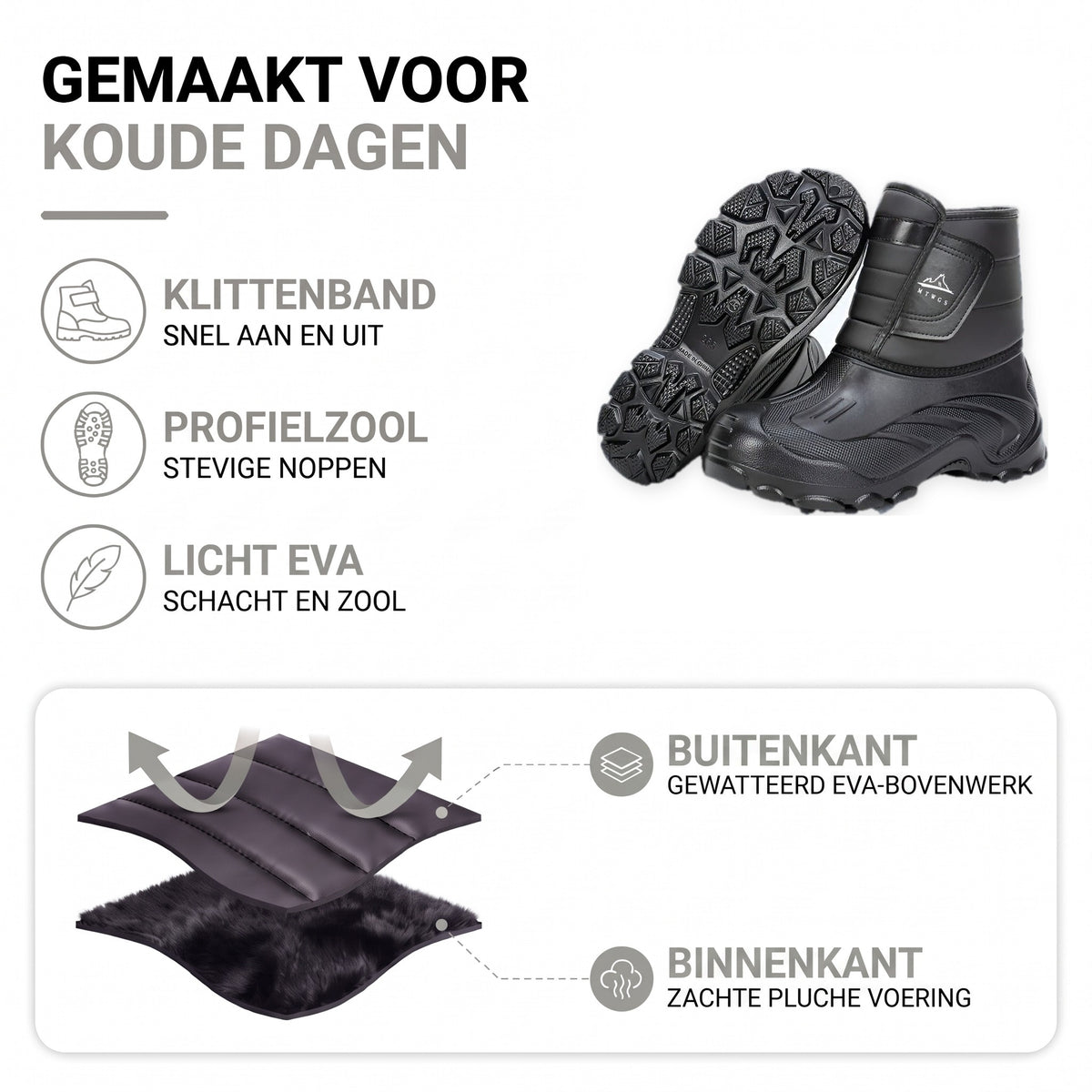 Snowboots heren: klittenband, profielzool, licht EVA, gewatteerd bovenwerk en zachte pluche voering