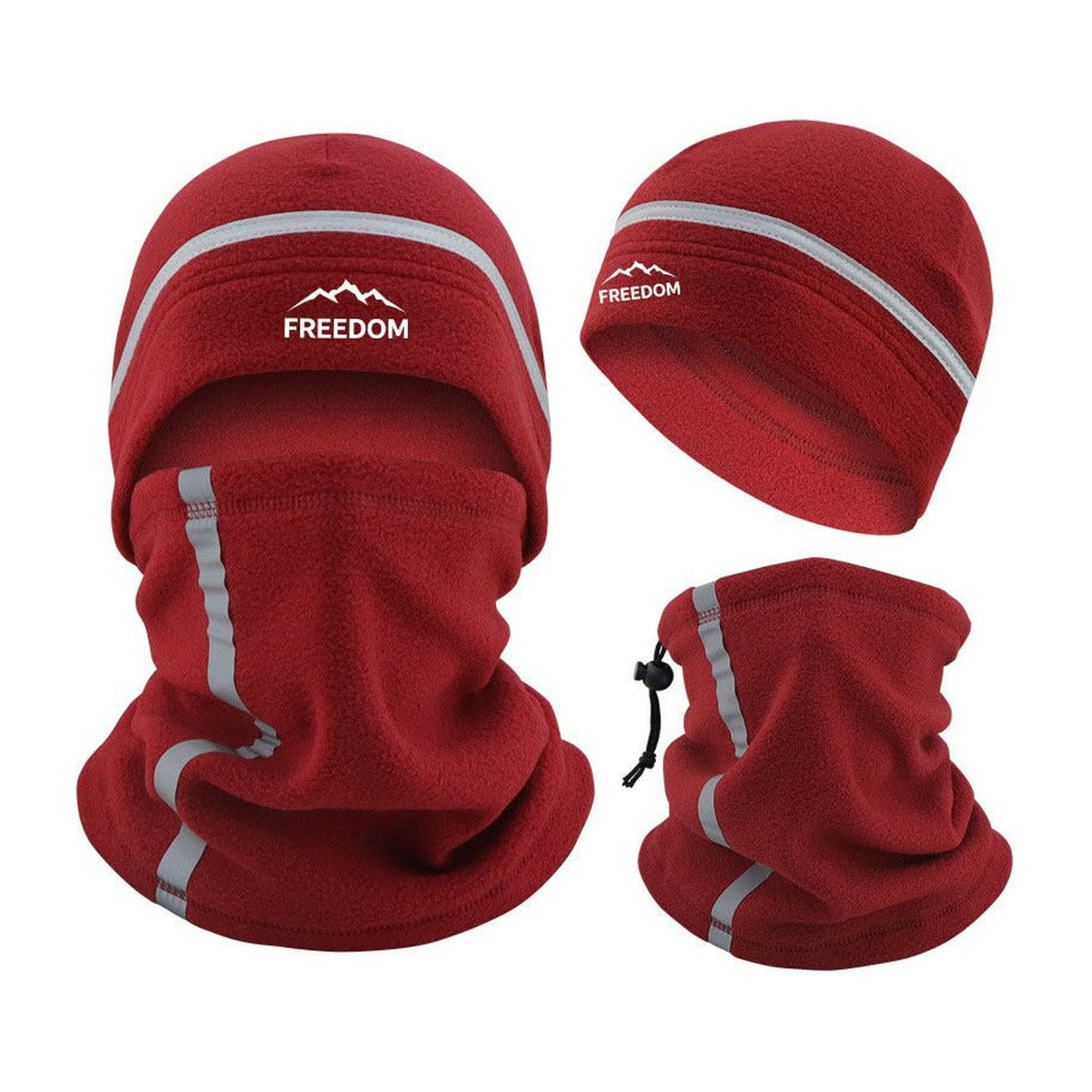 Nekwarmer en muts set in rood met trekkoord aan de nekwarmer