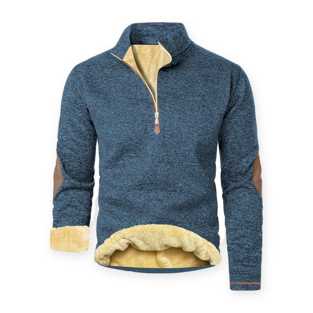 Trui heren in petrolblauw – gebreide trui met teddyfleece voering en rits