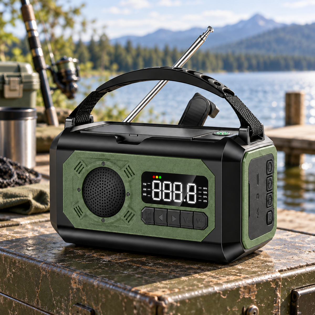 Noodradio met zonnepaneel op een kist bij het meer