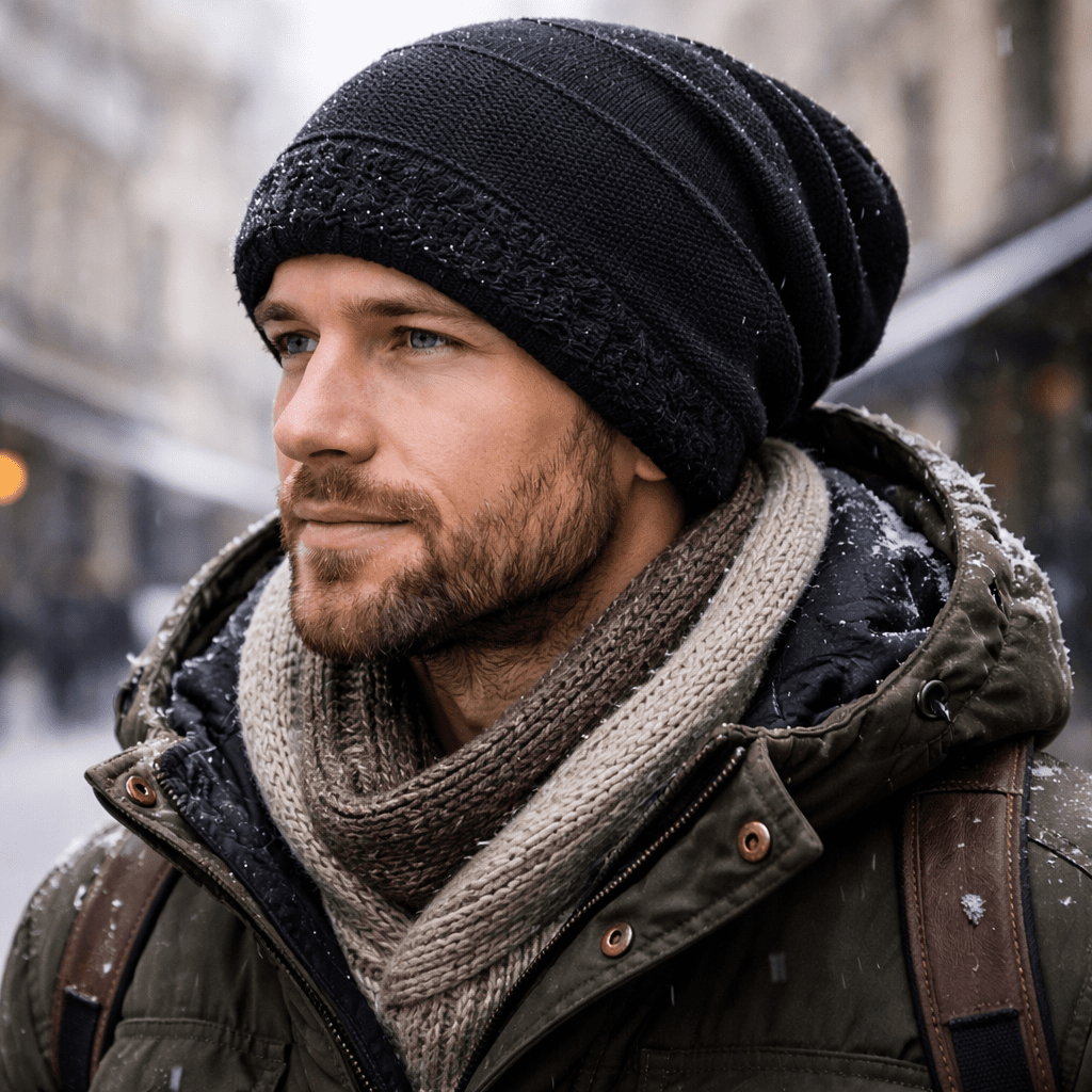 Muts heren met fleecevoering in zwart, gedragen in de sneeuw in de stad