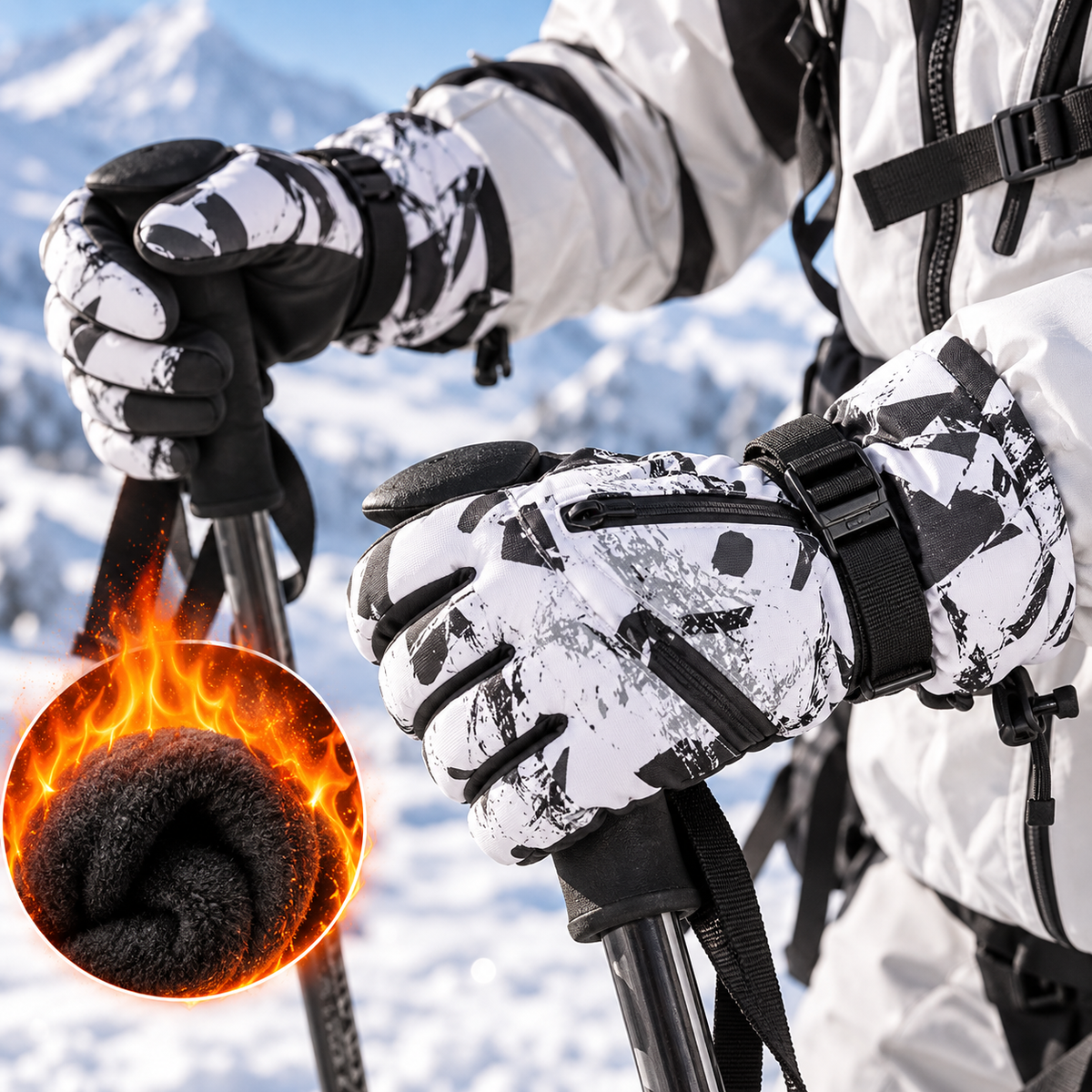 Skihandschoenen wit-grijs tijdens het skiën met stokken, zachte voering in detail