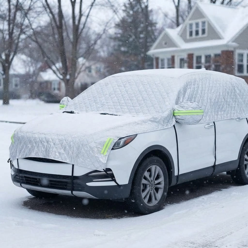 Autohoes SUV winter in zilver op witte SUV in de sneeuw