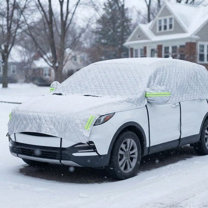 Autohoes SUV winter in zilver op witte SUV in de sneeuw