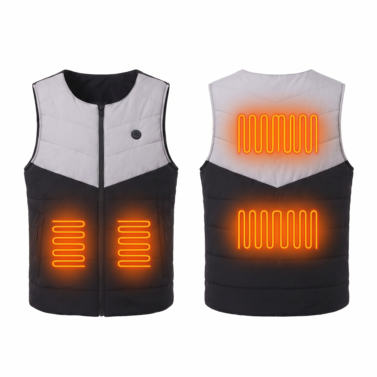Verwarmde bodywarmer grijs-zwart – voor- en achterkant met 4 verwarmingszones