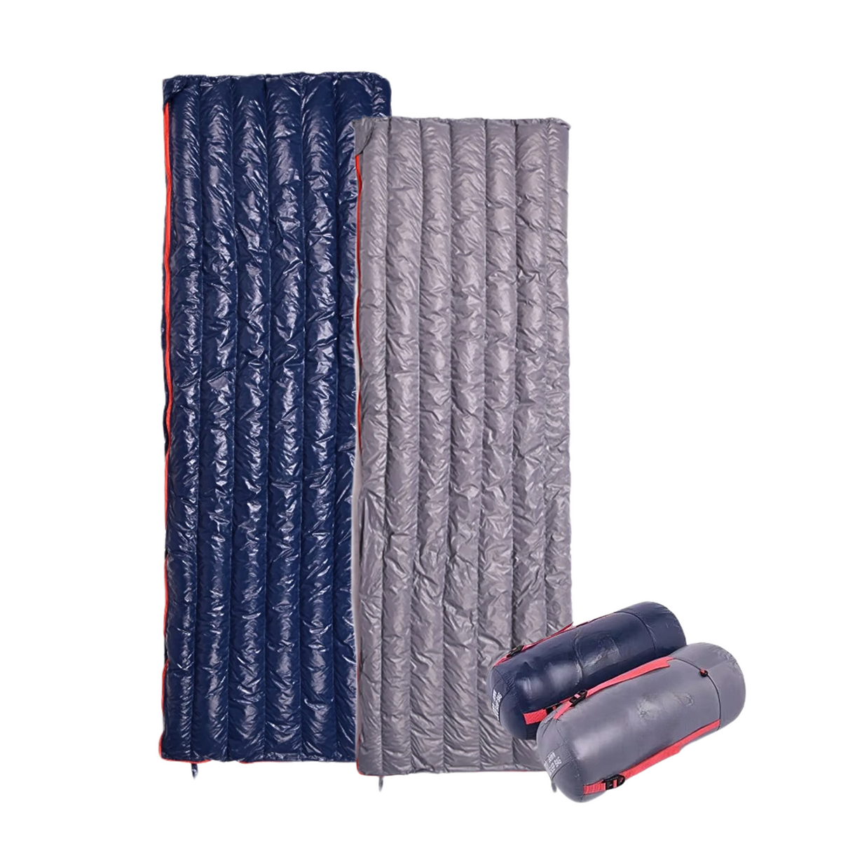 Donzen slaapzak in marineblauw en grijs met compressiezak