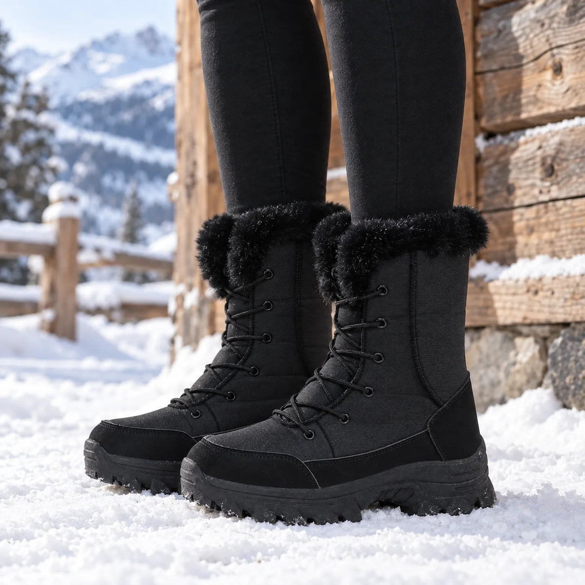Snowboots dames in zwart gedragen in de sneeuw