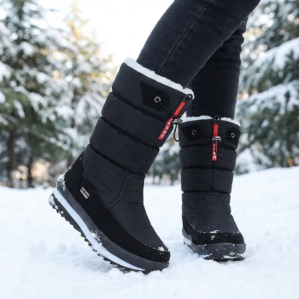 Snowboots dames gevoerd in zwart gedragen in het besneeuwde bos
