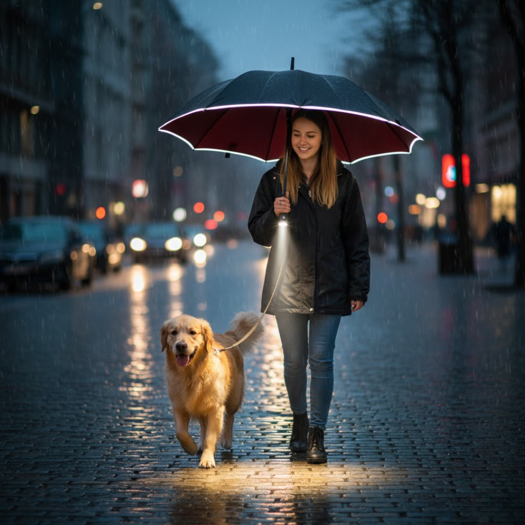 Vrouw met hond onder de paraplu met LED-lampje op een natte straat 's avonds