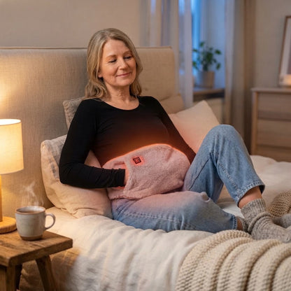 Warmtegordel buik- en handwarmer tijdens het ontspannen in bed