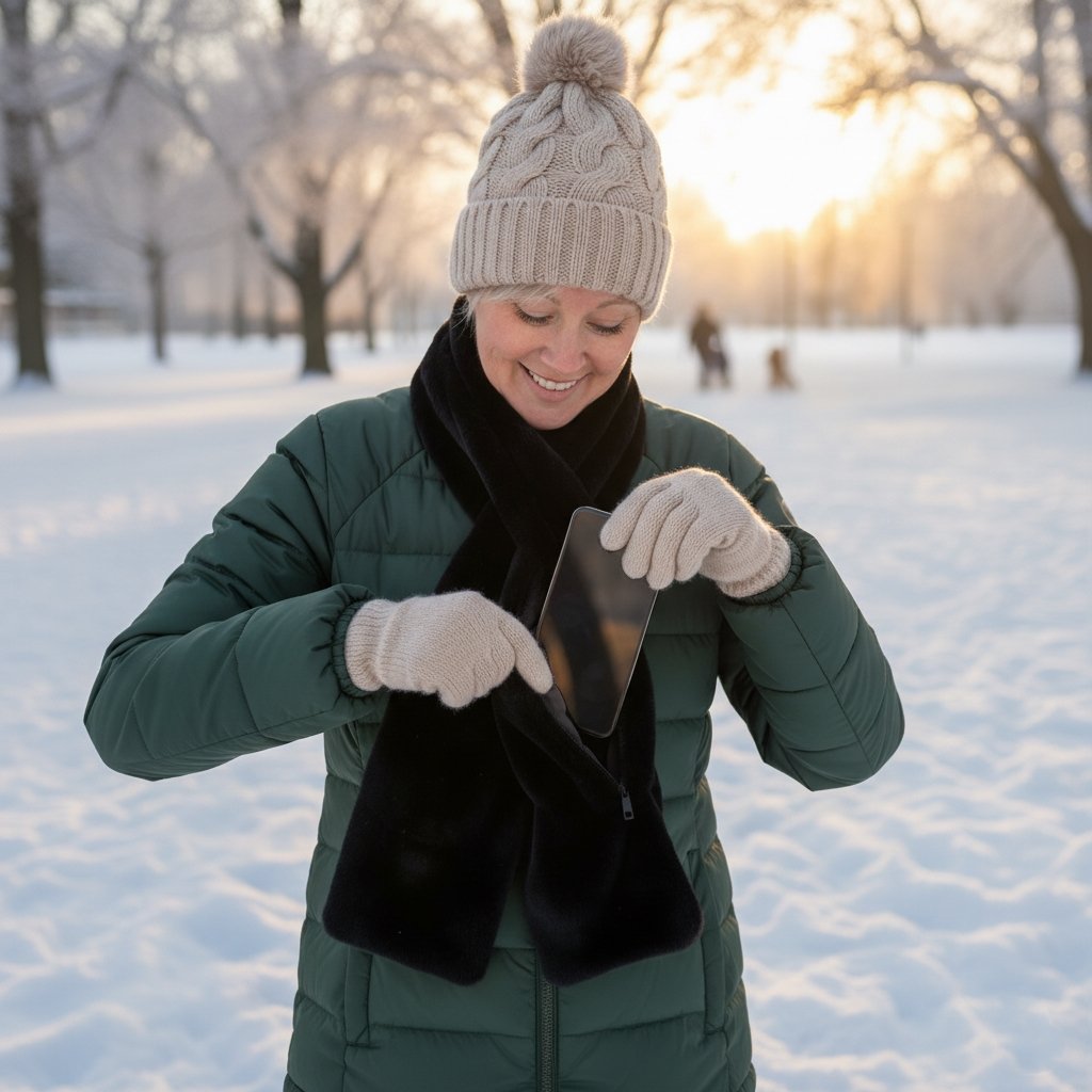 Zwarte nepbont sjaal met zak in een besneeuwd park – smartphone wordt opgeborgen