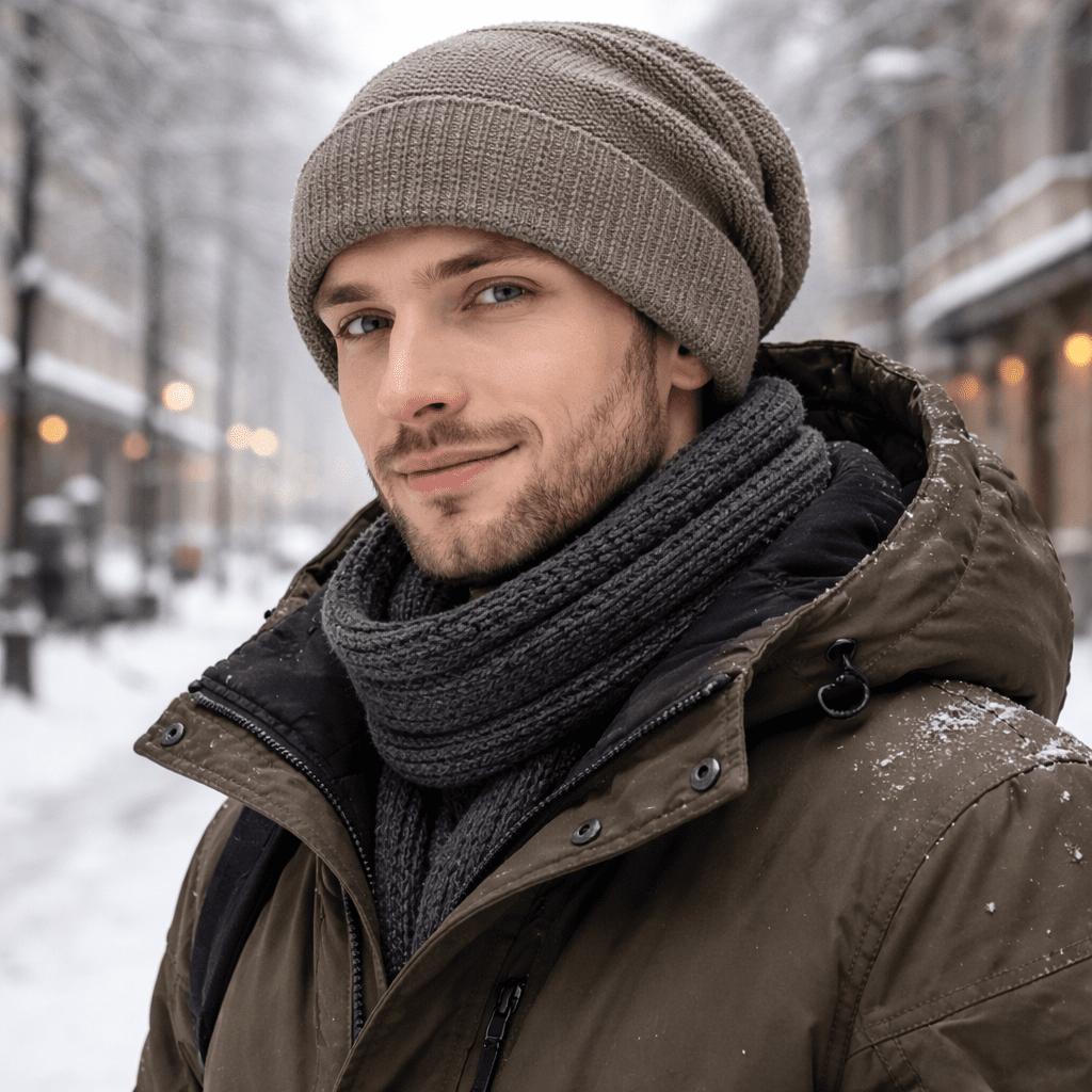 Beanie muts in taupe, gedragen met sjaal op een besneeuwde winterdag