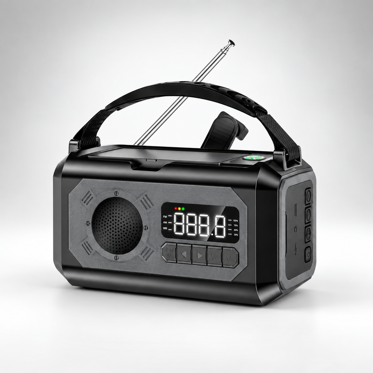 Noodradio in zwart – productfoto op lichte achtergrond