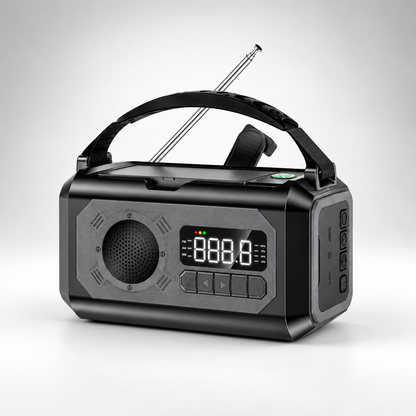 Noodradio in zwart – productfoto op lichte achtergrond