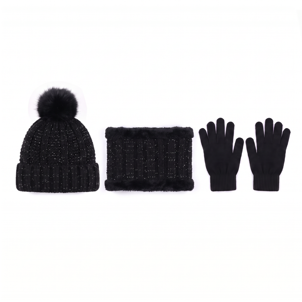 Muts Sjaal Handschoenen Set in Zwart - studiofoto
