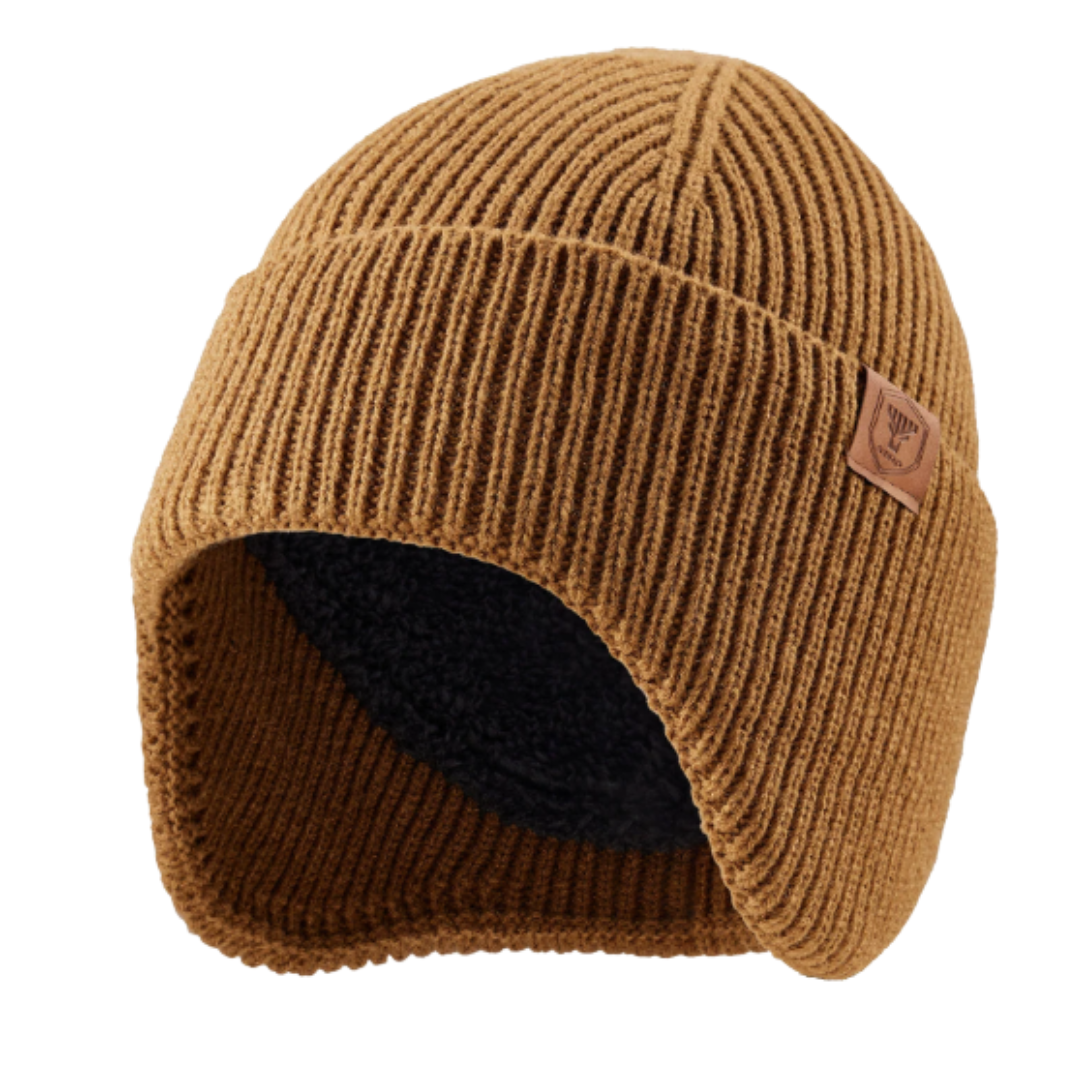 Muts met oorflappen in camel – productfoto met zwarte fleecevoering