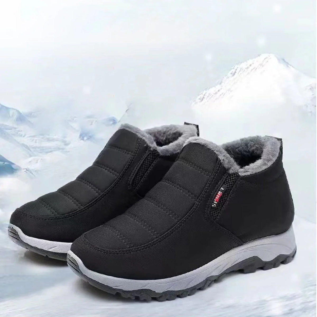 Winterschoenen dames gevoerd – paar in zwart in een besneeuwd landschap