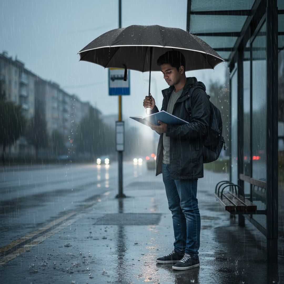 Man bij de bushalte met stormparaplu en LED-lampje