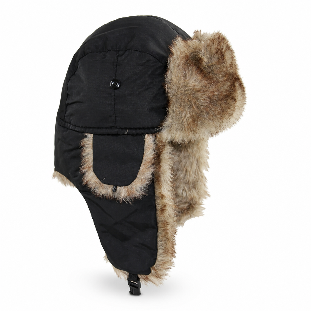 Bontmuts met oorflappen in zwart – trapper muts met imitatiebont en kinband, productfoto