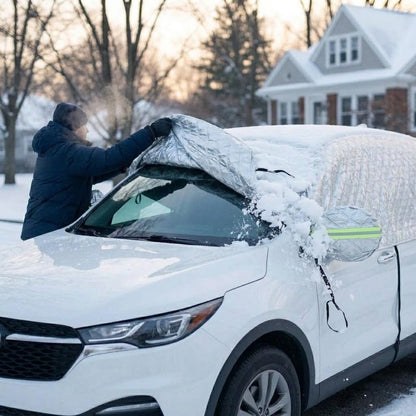 Autohoes SUV met sneeuw wordt 's ochtends van de voorruit getrokken