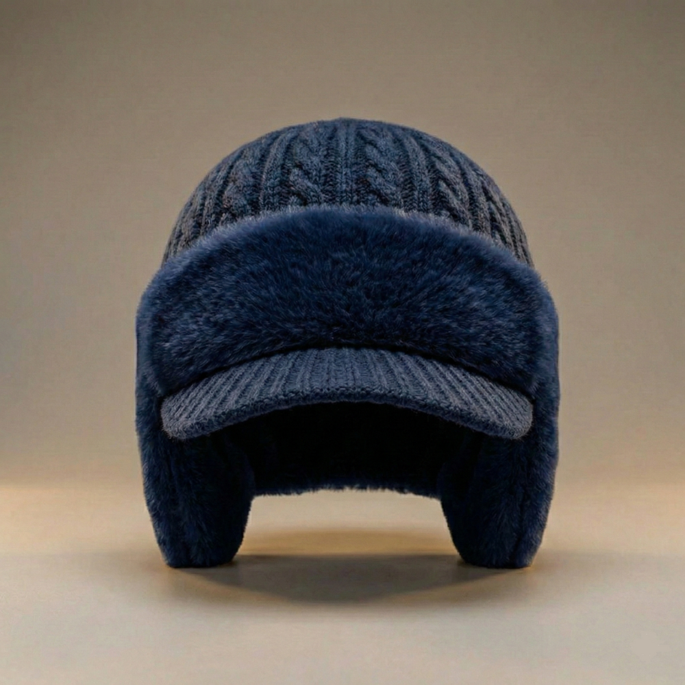 Muts met oorflappen in donkerblauw met kabelbrei