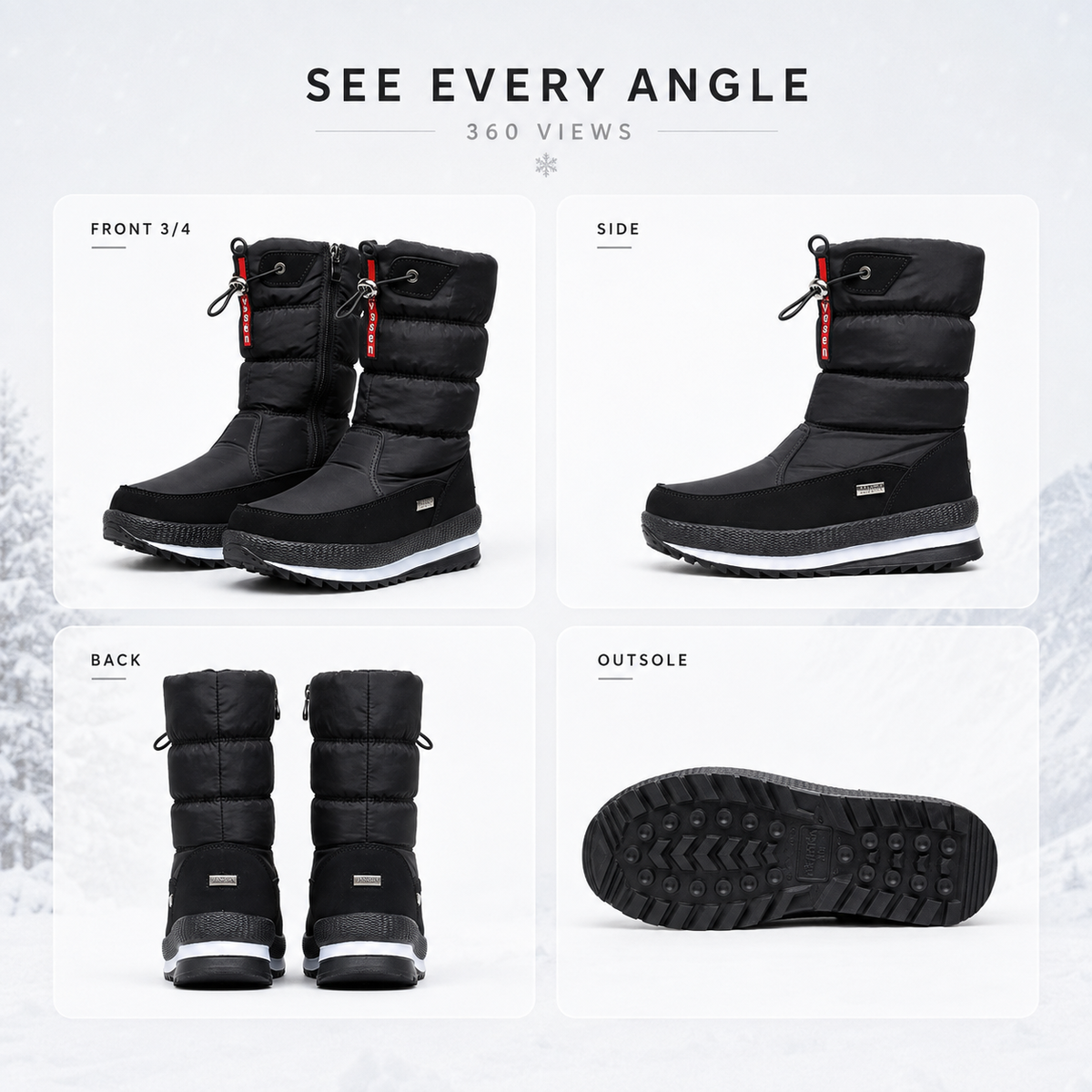 Snowboots dames gevoerd in zwart – voor-, zij- en achteraanzicht en de loopzool