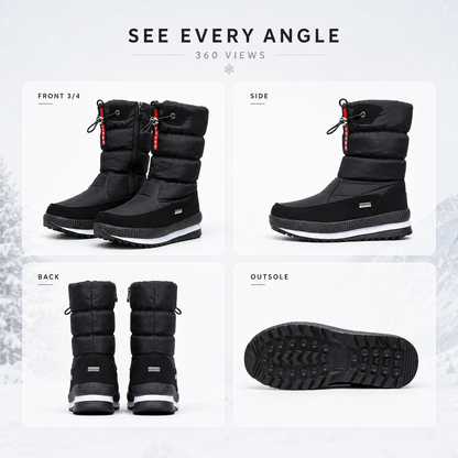 Snowboots dames gevoerd in zwart – voor-, zij- en achteraanzicht en de loopzool