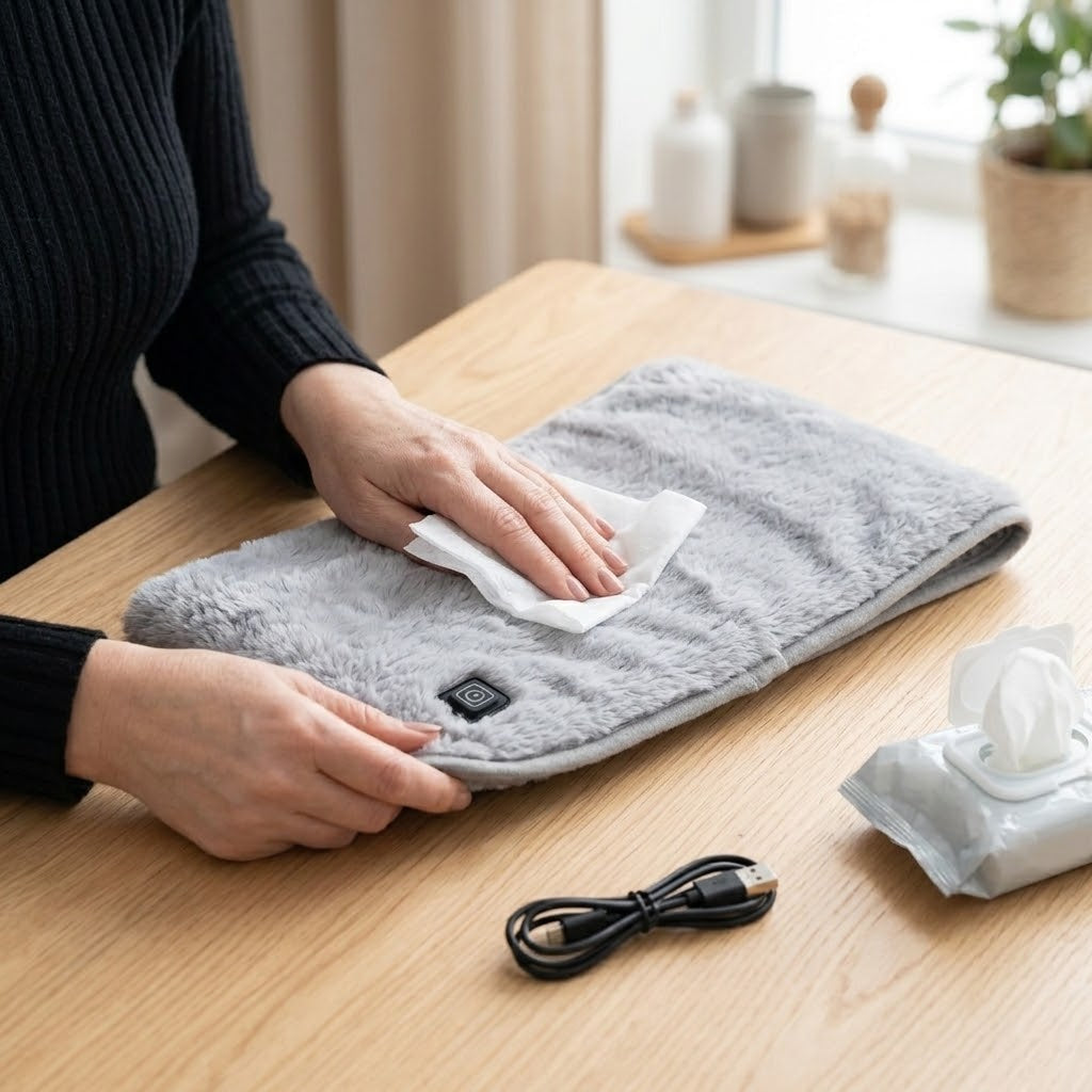 Warmtegordel schoonmaken – afvegen met een vochtige doek, USB-kabel ernaast