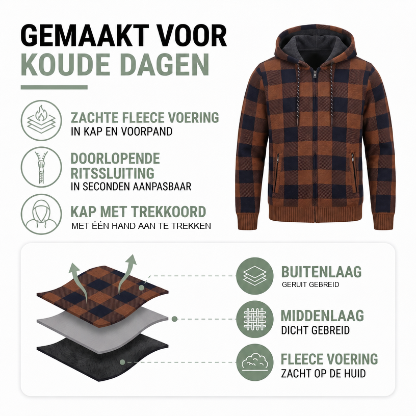 Gevoerd Heren Vest - Ruitpatroon met Capuchon - Zachte Fleecevoering