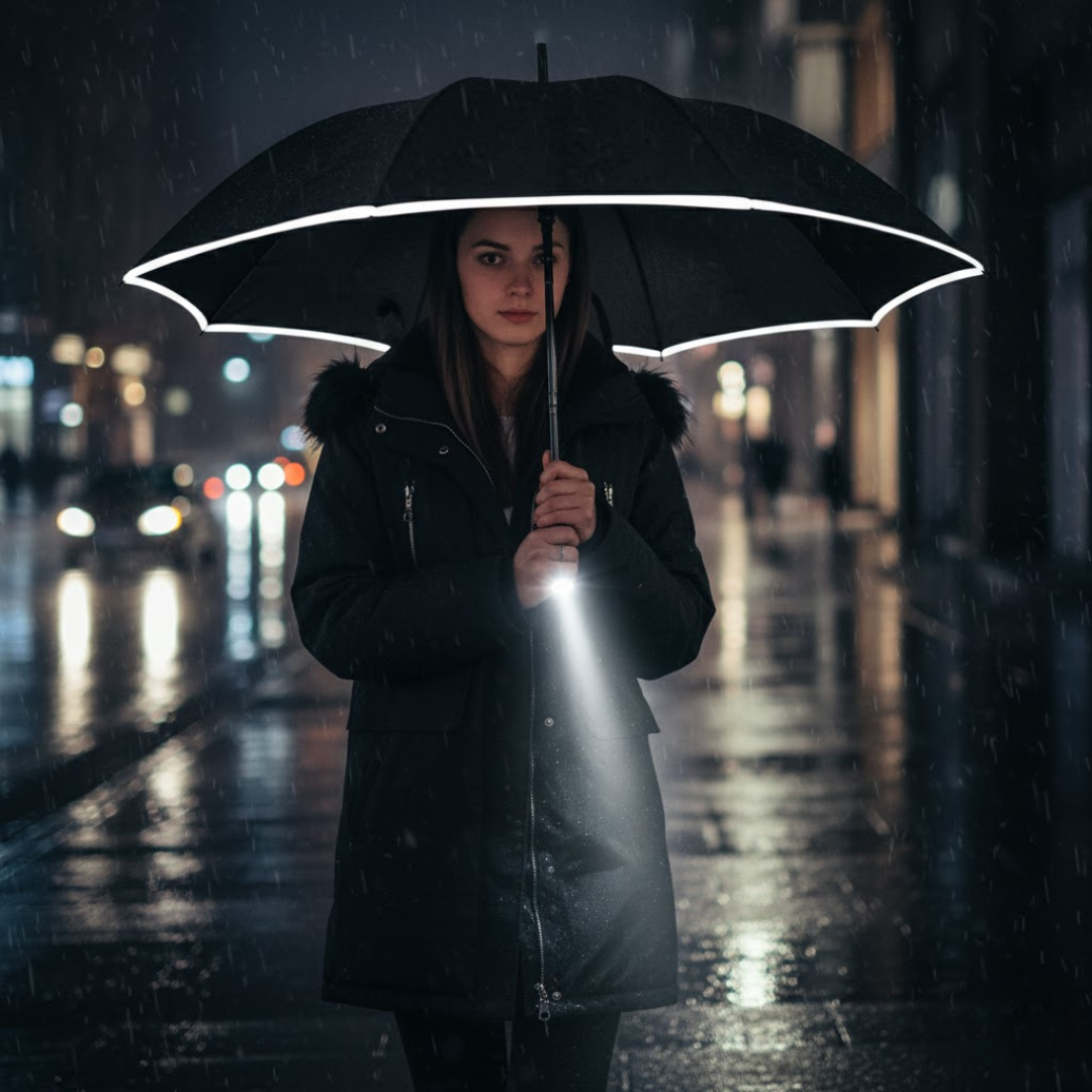 Vrouw 's nachts in de regen onder de paraplu met reflecterende rand en LED-lampje