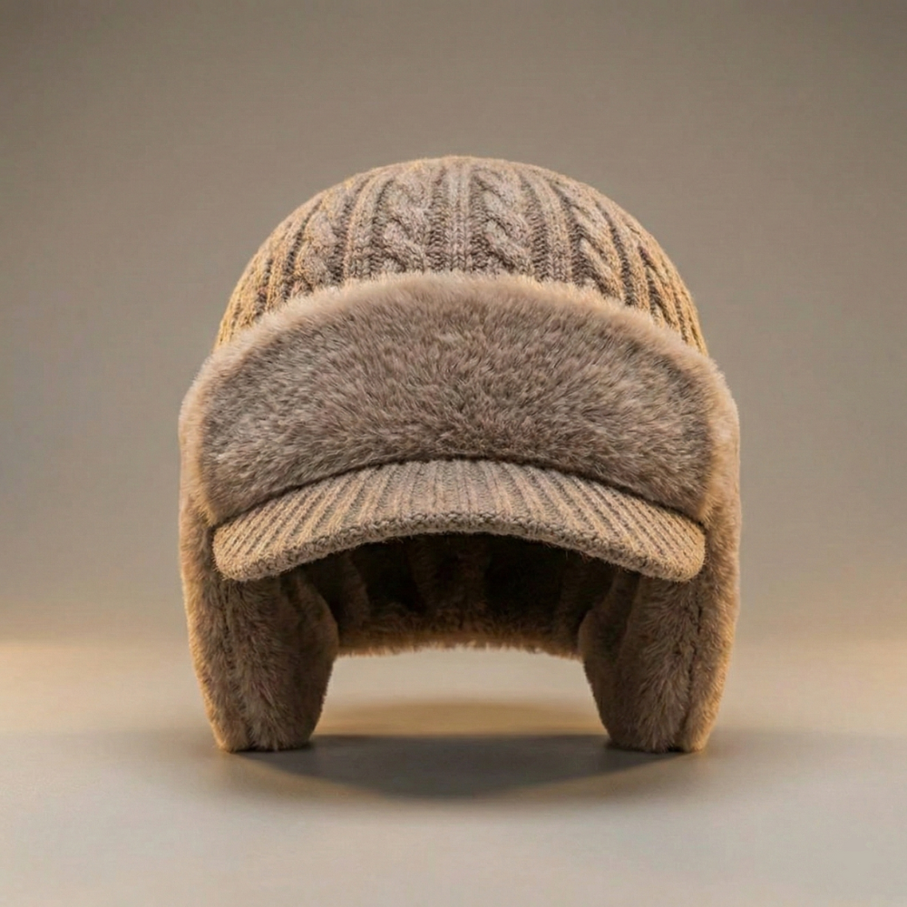 Muts met oorflappen in beige – wintermuts met klep