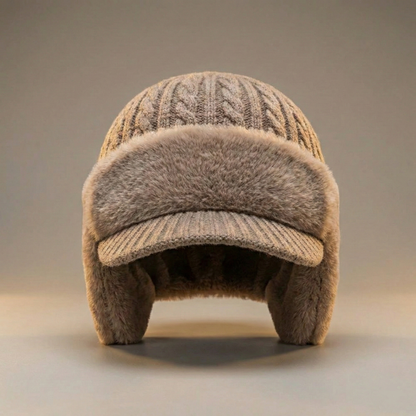 Muts met oorflappen in beige – wintermuts met klep