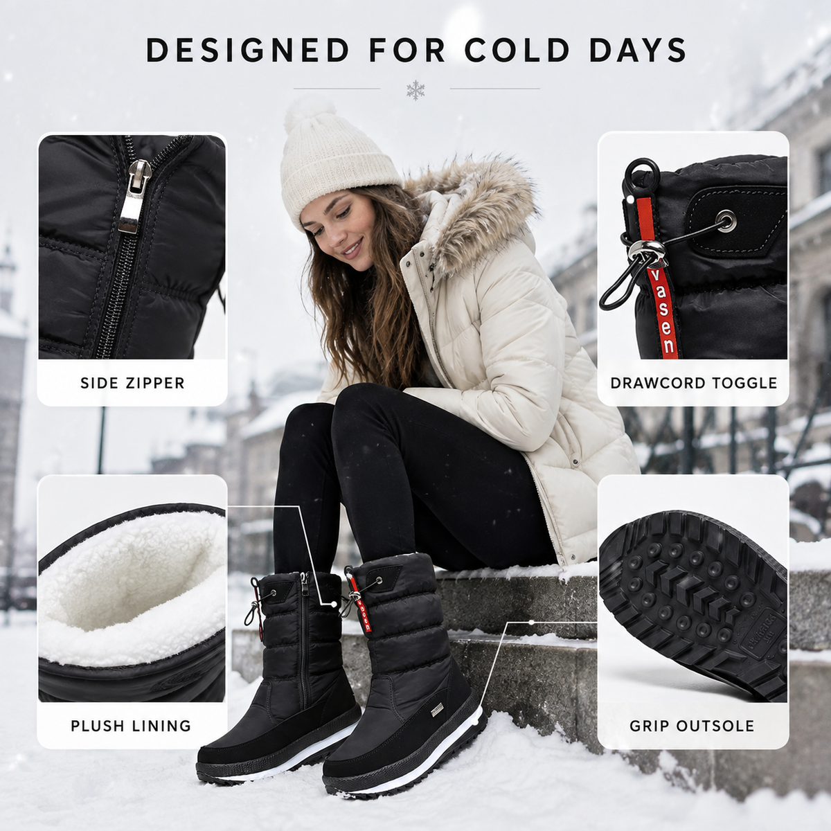 Snowboots dames gevoerd in zwart – details: rits, trekkoord, voering en profielzool