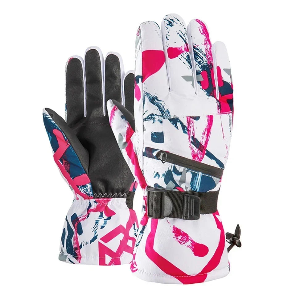 Skihandschoenen wit-magenta – paar van voren en achteren