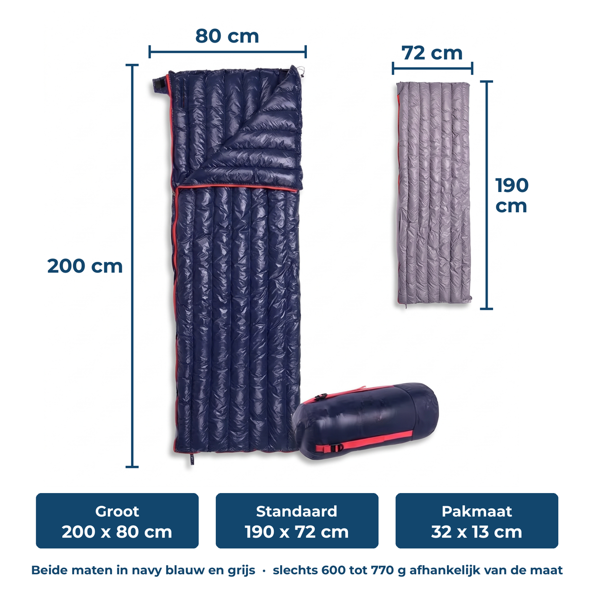 Donzen slaapzak – afmetingen 200 x 80 cm en 190 x 72 cm, pakmaat 32 x 13 cm