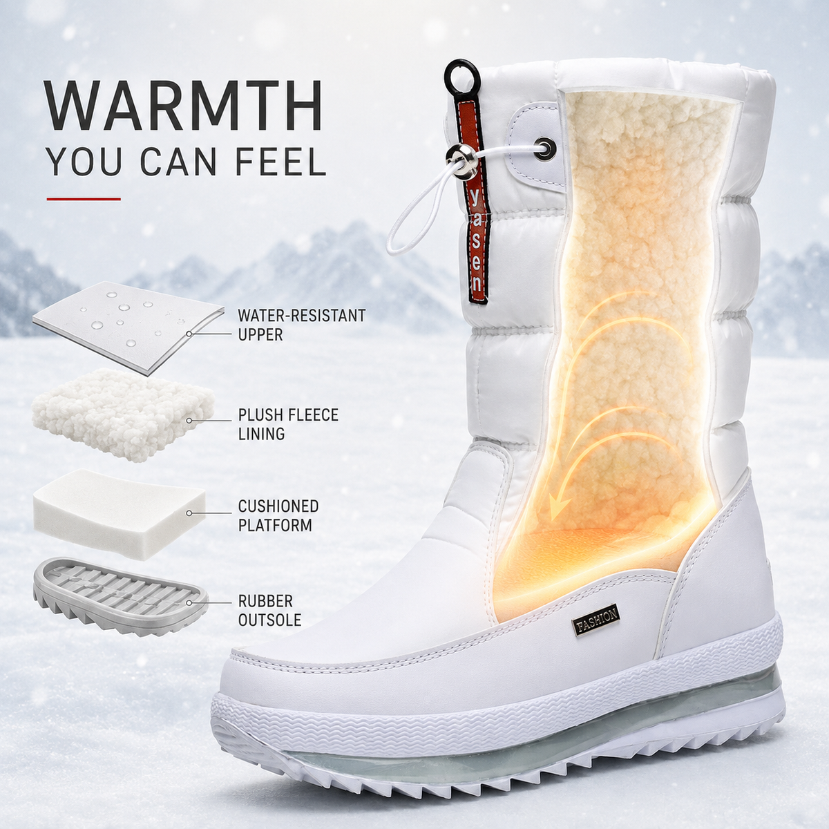 Snowboots dames gevoerd in wit – doorsnede met voering, plateau en rubberzool