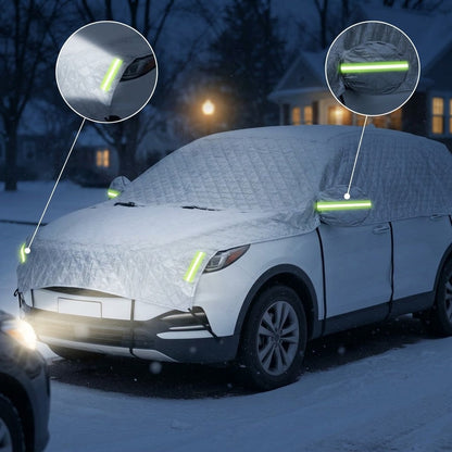 Autohoes SUV 's nachts met reflecterende strepen op spiegel en voorkant