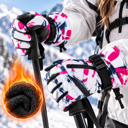 Skihandschoenen wit-magenta aan de skistok, voering in detail
